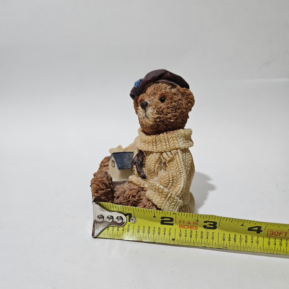 Vintage Resin Teddy Bear Figurine Wearing Sweater and Beret Holding House 1998 - Picture 6 of 7